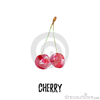 Cherry illustration. Hand drawn watercolor on white background. Cartoon Illustration