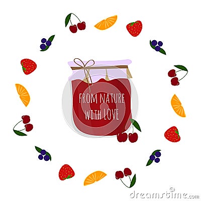 Cherry jam-jar in fruits circle, element for design Vector Illustration