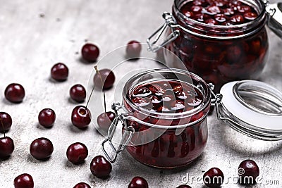 Delicious seedless cherry jam can be canned at home. Stock Photo