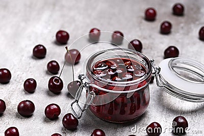 Delicious seedless cherry jam can be canned at home. Stock Photo