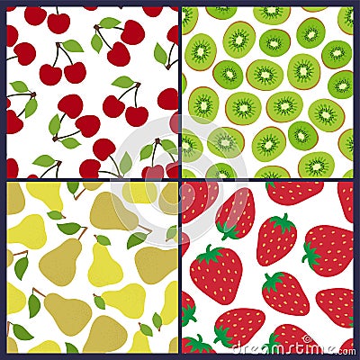 Cherry, kiwi, pear and strawberry seamless pattern. Berries and fruits. Fashion design. Food print for dress, skirt Vector Illustration