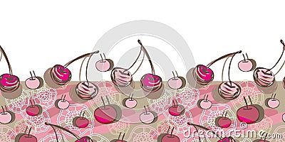 Cherry and Lace Border-Fruit Delight seamless Repeat Pattern illustration.Background in pink,maroon, brown and cream. Vector Illustration