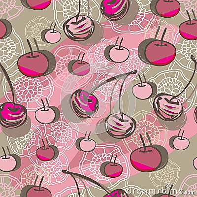 Cherry and Lace-Fruit Delight seamless Repeat Pattern illustration.Background in pink,maroon, brown and cream. Vector Illustration