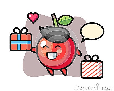 Cherry mascot cartoon giving the gift Vector Illustration