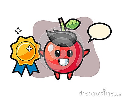 Cherry mascot illustration holding a golden badge Vector Illustration