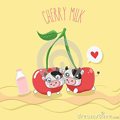 Cherry milk dairy cow very cute. Vector Illustration