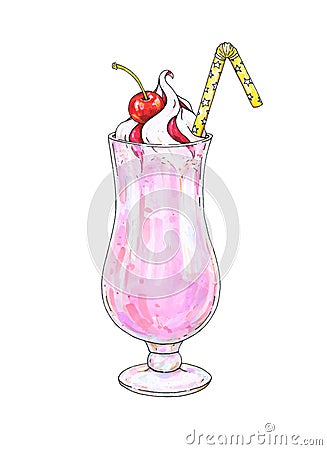 Cherry milk shake with whipped cream and jam in a transparent glass with a tubule isolated on a white background. Vector drawing Vector Illustration