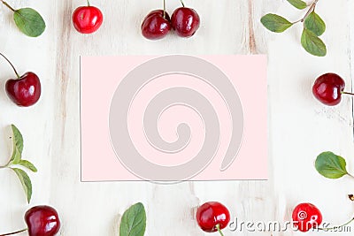 Cherry and mint. Flate lay. Copy space. Stock Photo