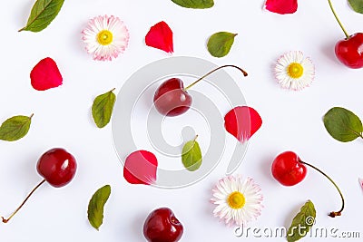 Cherry and mint. Flate lay. Copy space. Stock Photo