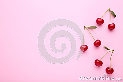 Cherry pattern. Flat lay of cherries on a pink background.Top view Stock Photo