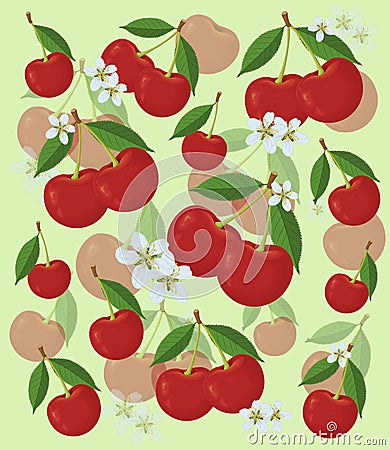 Cherry pattern with leaves and flowers, on a light background Cartoon Illustration