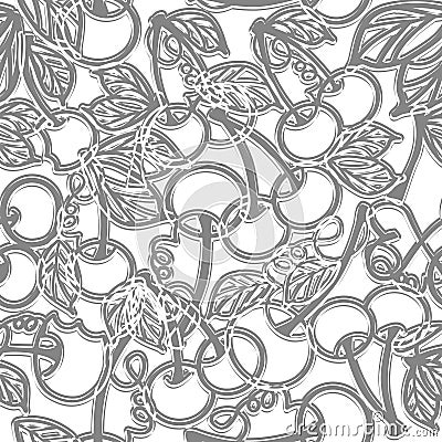 Cherry with leaves - grey seamless pattern on white Vector Illustration