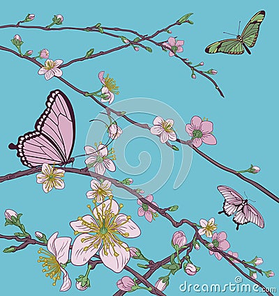 Cherry Peach Blossom Tree Flowers and Butterflies Vector Illustration