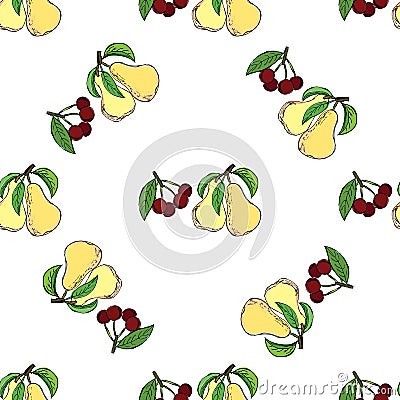 Cherry pear hand drawn pattern Vector Illustration