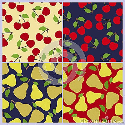 Cherry and pear seamless pattern. Berries, fruits. Fashion design. Food print for dress, skirt Vector Illustration