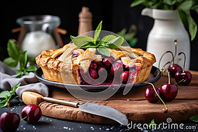 cherry pie being served on a platter, with sprig of fresh herbs and a wedge of lemon Stock Photo