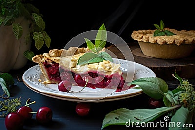 cherry pie being served on a platter, with sprig of fresh herbs and a wedge of lemon Stock Photo