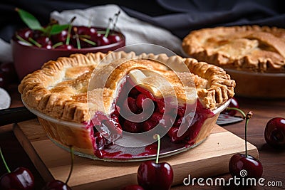 cherry pie, with the delicious cherry filling oozing out of the flaky crust Stock Photo