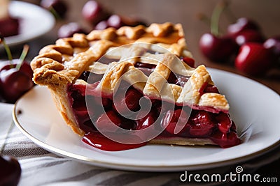 cherry pie, with a lattice crust, on white plate Stock Photo