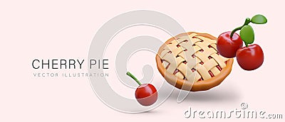 Cherry pie. Realistic sweet berry cake with lattice. Classic warm dessert Vector Illustration