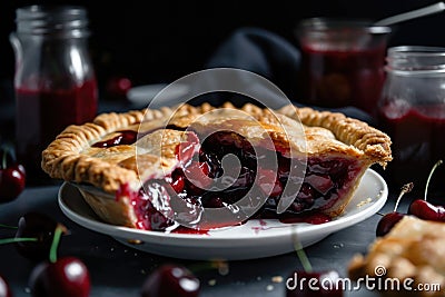 cherry pie on a white plate, with cherry juice running down the sides Stock Photo