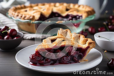 cherry pie on a white plate with slice cut out for serving Stock Photo