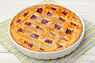 Cherry pie on white wooden table. Stock Photo