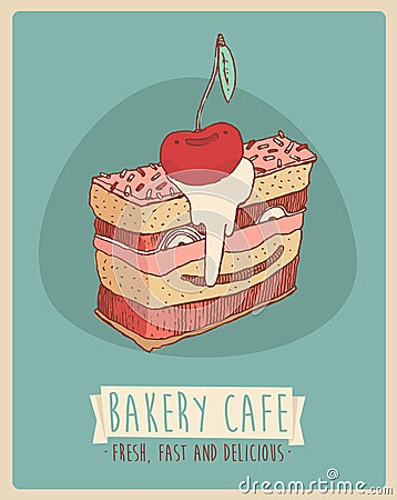 Cherry. Piece of cake (Happy Birthday card) sweet cupcakes illustration, engraved retro style, hand drawn Cartoon Illustration