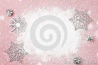 Cherry pink Christmas and New Year frame of snow and silver snow Stock Photo