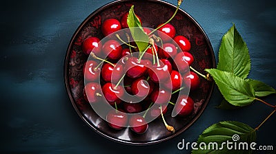 Cherry on plate. Ripe cherries. Sweet red cherries. Top view. Rustic style. Fruit Background Stock Photo
