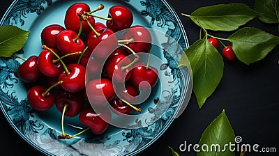 Cherry on plate. Ripe cherries. Sweet red cherries. Top view. Rustic style. Fruit Background Stock Photo