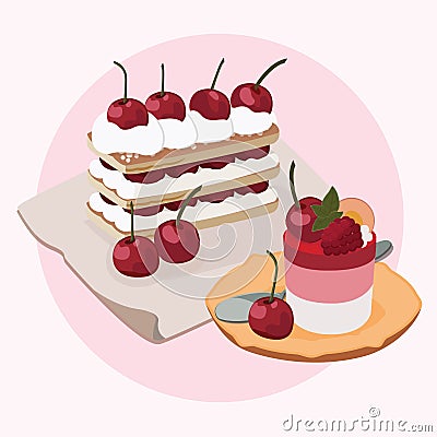 Cherry Puff Pastry Tart and Cherry Vanilla Pudding Vector Illustration