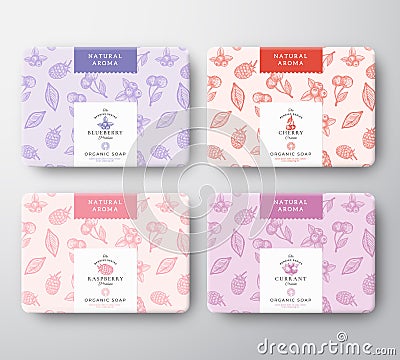 Cherry, Raspberry, Blueberry and Currant Soap Cardboard Boxes Set. Abstract Vector Wrapped Paper Container with Label Vector Illustration