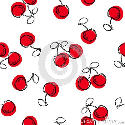 Cherry seamless pattern. Good for textile, wrapping, wallpapers, etc. Sweet red ripe cherries isolated on white background. Vector Illustration