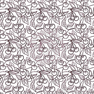 Cherry seamless texture. Beautiful linear vector abstraction. Simple vector pattern with cherries and leaves Vector Illustration