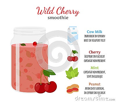 Cherry smoothie, organic recipe, fresh ingredients - mint, berries, milk, nuts Vector Illustration