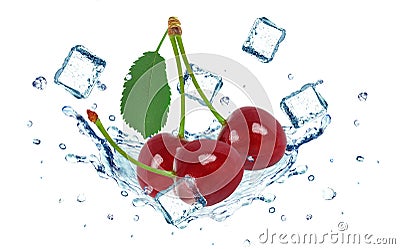 Cherry splash water and ice cubes isolated Stock Photo