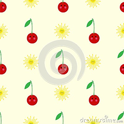 Cherry, sun cartoon seamless childlike pattern Stock Photo