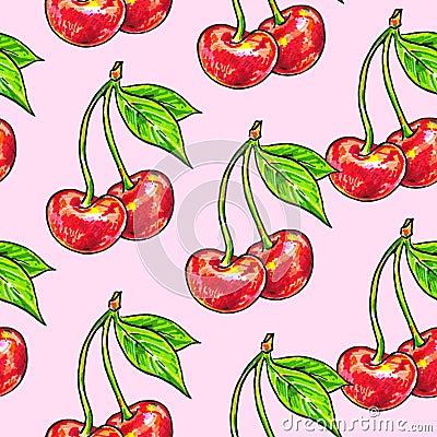 Cherry sweet on a pink background. Seamless pattern for design. Animation illustrations. Handwork Cartoon Illustration