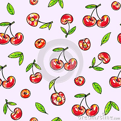 Cherry sweet on a pink background. Seamless pattern for design. Animation illustrations. Handwork Cartoon Illustration
