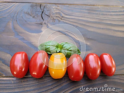 Cherry tomatoes and basil leaves in a spray of water on a wooden background. Selective focus. Local products consumption concept. Stock Photo