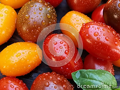 Cherry tomatoes and basil leaves in a spray of water on a wooden background. Selective focus. Local products consumption concept. Stock Photo