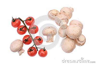 Cherry tomatoes lie on a wooden board of drying oil, isolated on white background Stock Photo