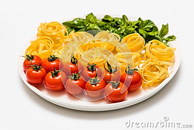 Cherry tomatoes, spaghetti and fresh basil on a platter on a white background Stock Photo