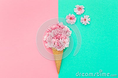 Cherry tree blossom in ice cream waffle cone minimal Stock Photo