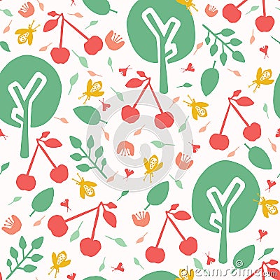 Cherry tree orchard seamless vector pattern background. Hand drawn tossed red cherries paper cut out. Matisse style. Fruit garden Stock Photo