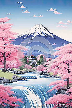 Cherry trees and lake under Mount Fuji, clear cloudy sky at dusk, super realistic Cartoon Illustration