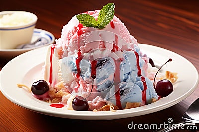 Cherrylicious Ice Cream. Fresh Cherries atop Smooth and Creamy Delight - Irresistible Summer Treat Stock Photo