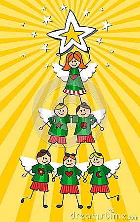 Cherubs Christmas Tree Vector Illustration