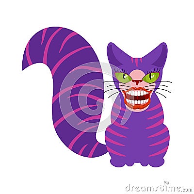 Cheshire cat is an animal from Alice in Wonderland. Broad smile. Vector Illustration